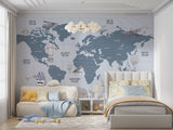 Tapet Personalizat Micii Exploratori cu harta lumii in nuante de albastru si gri - LIGHT BLUE MAP II