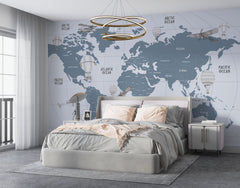 Tapet Personalizat Micii Exploratori cu harta lumii in nuante de albastru si gri - LIGHT BLUE MAP II