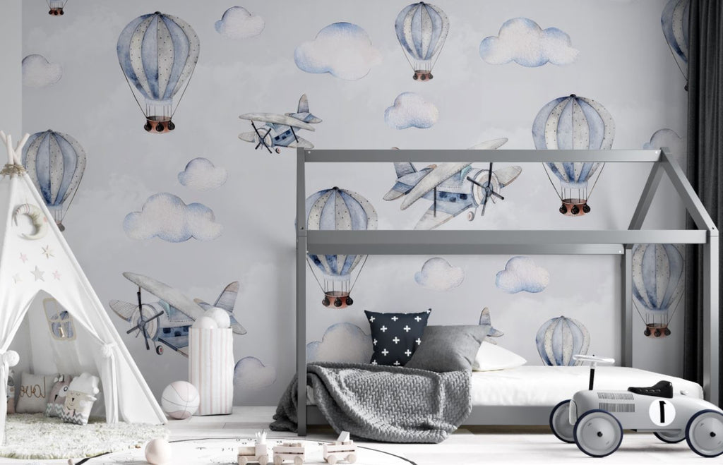 Tapet Personalizat Micii Exploratori cu avioane si baloane cu aer cald in nuante de albastru - LIGHT BLUE WATERCOLOR BALLOONS