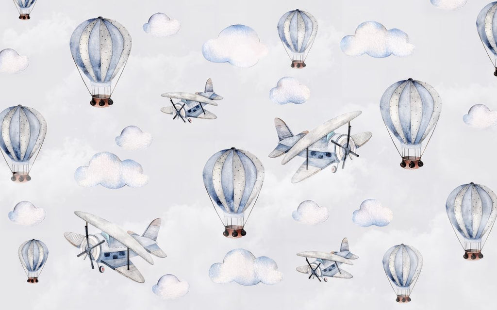 Tapet Personalizat Micii Exploratori cu avioane si baloane cu aer cald in nuante de albastru - LIGHT BLUE WATERCOLOR BALLOONS
