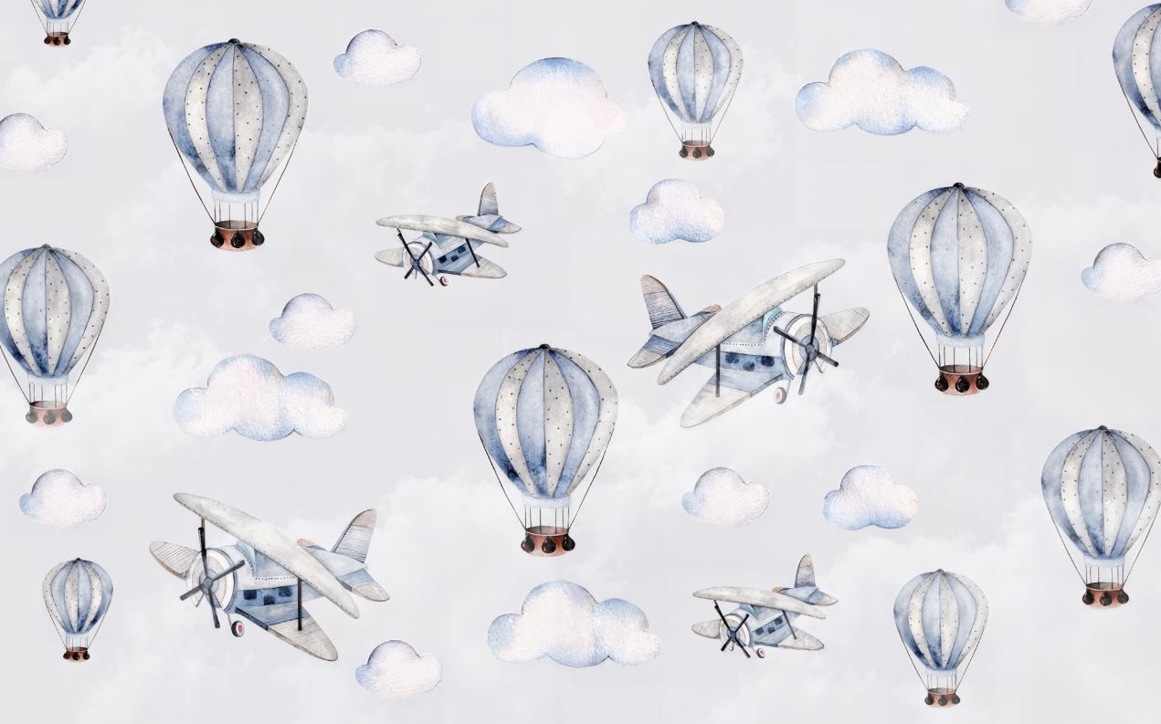 Tapet Personalizat Micii Exploratori cu avioane si baloane cu aer cald in nuante de albastru - LIGHT BLUE WATERCOLOR BALLOONS