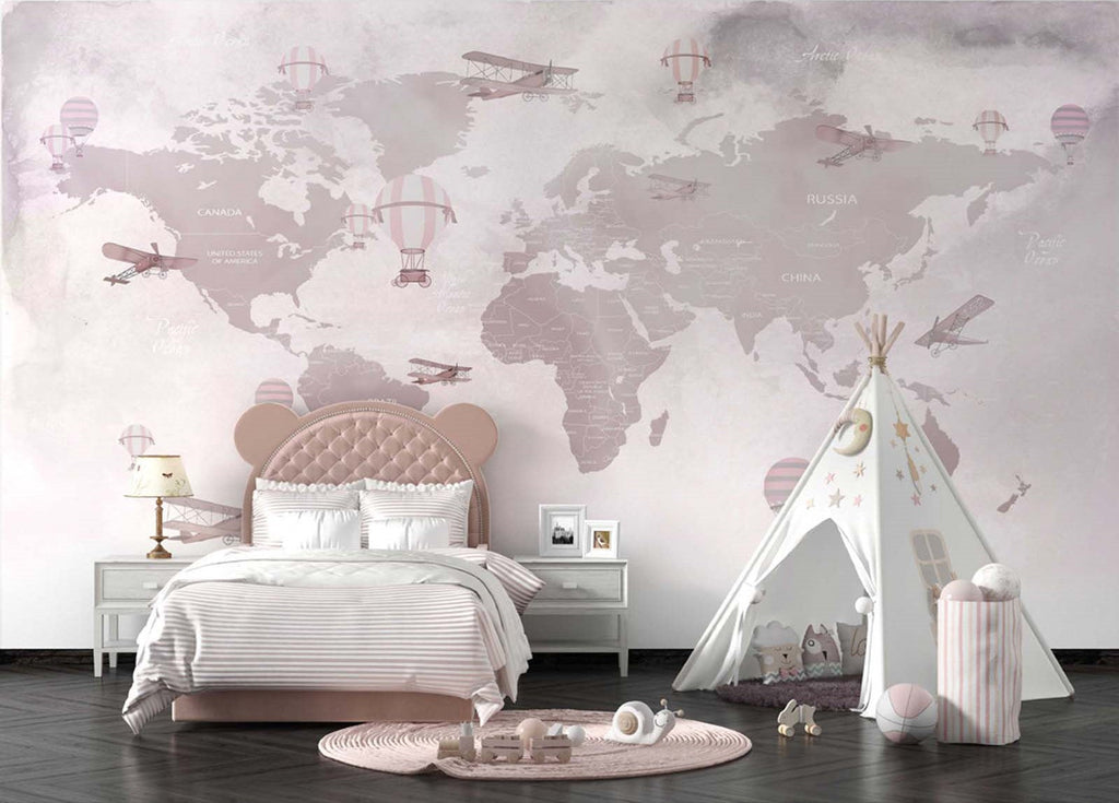 Tapet Personalizat Micii Exploratori cu harta lumii in nuante bej rozalii - DUSTY MAUVE MAP