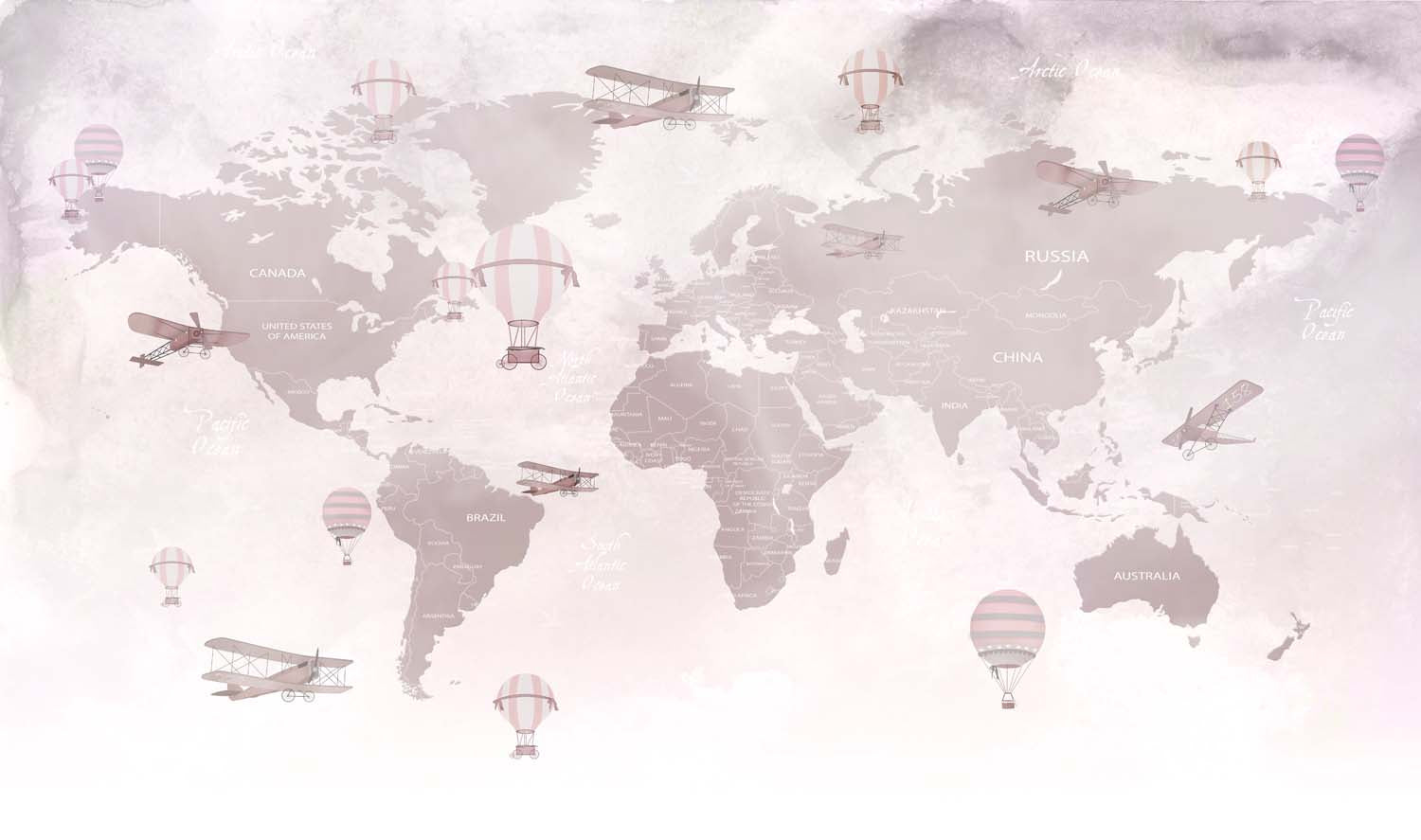 Tapet Personalizat Micii Exploratori cu harta lumii in nuante bej rozalii - DUSTY MAUVE MAP