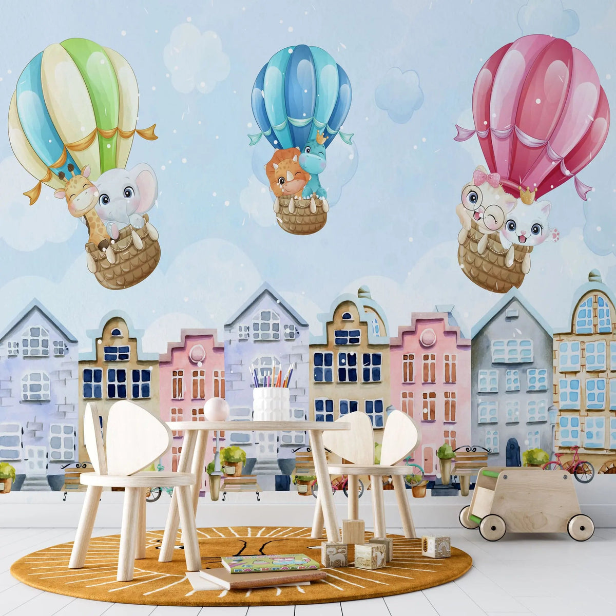 Tapet personalizat inspiratie scandinava pentru copii cu animale cladiri suedeze si baloane cu aer colorate stockholm