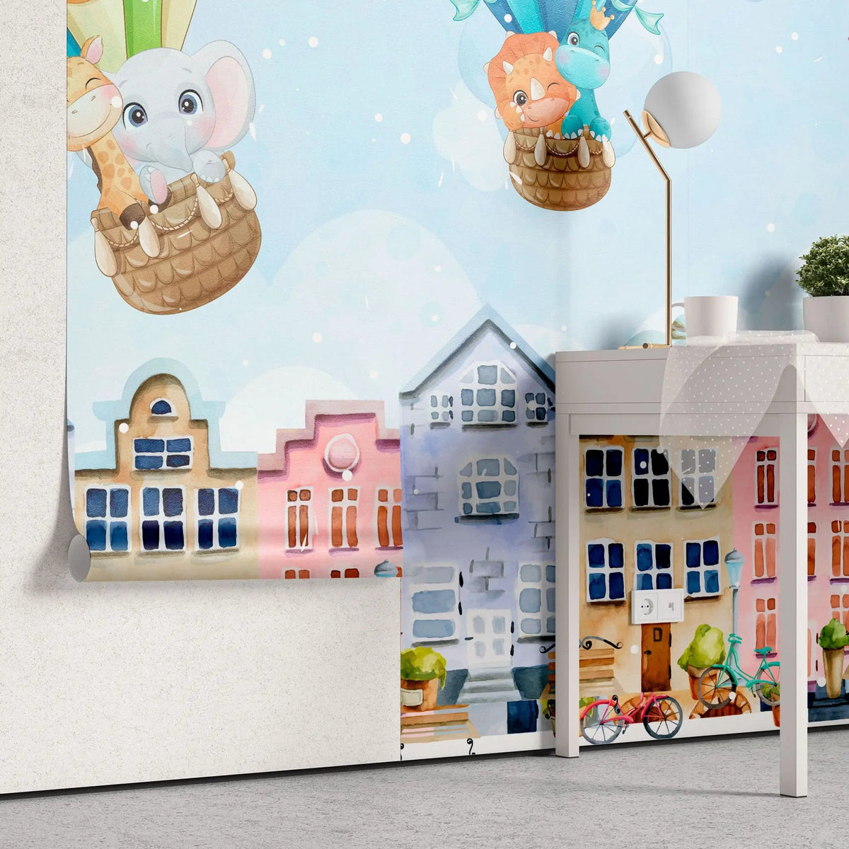 Tapet personalizat inspiratie scandinava pentru copii cu animale cladiri suedeze si baloane cu aer colorate stockholm