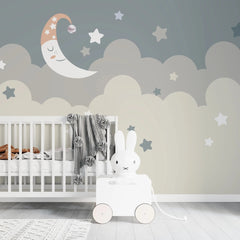 Tapet personalizat inspiratie scandinava pentru copii cu cer instelat visator si luna dreamy sky