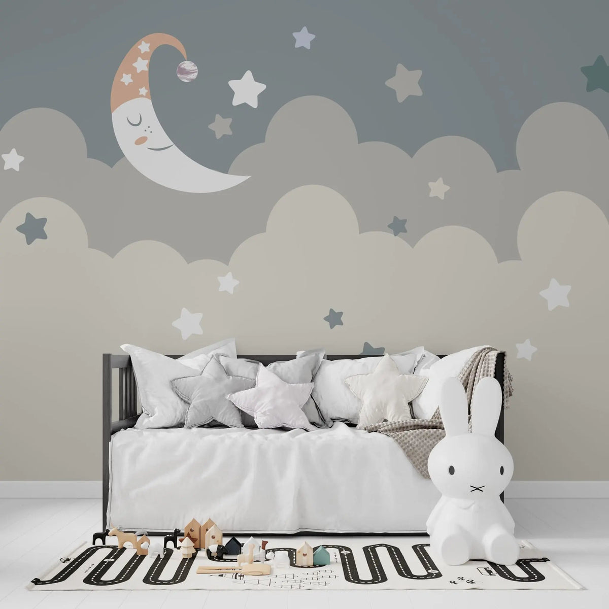 Tapet personalizat inspiratie scandinava pentru copii cu cer instelat visator si luna dreamy sky