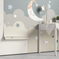 Tapet personalizat inspiratie scandinava pentru copii cu cer instelat visator si luna dreamy sky
