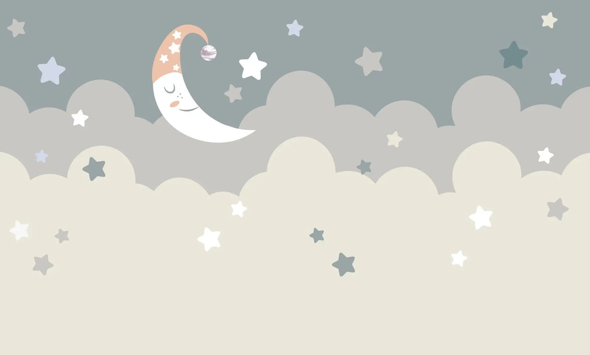 Tapet personalizat inspiratie scandinava pentru copii cu cer instelat visator si luna dreamy sky