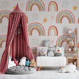 Tapet personalizat inspiratie scandinava pentru copii cu baloane cu curcubeie stelute si inimioare boho rainbow