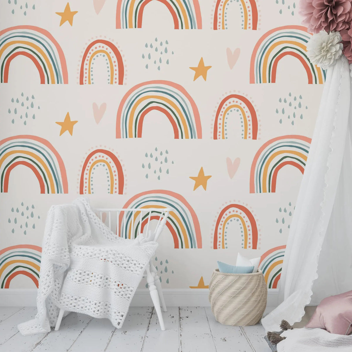 Tapet personalizat inspiratie scandinava pentru copii cu baloane cu curcubeie stelute si inimioare boho rainbow