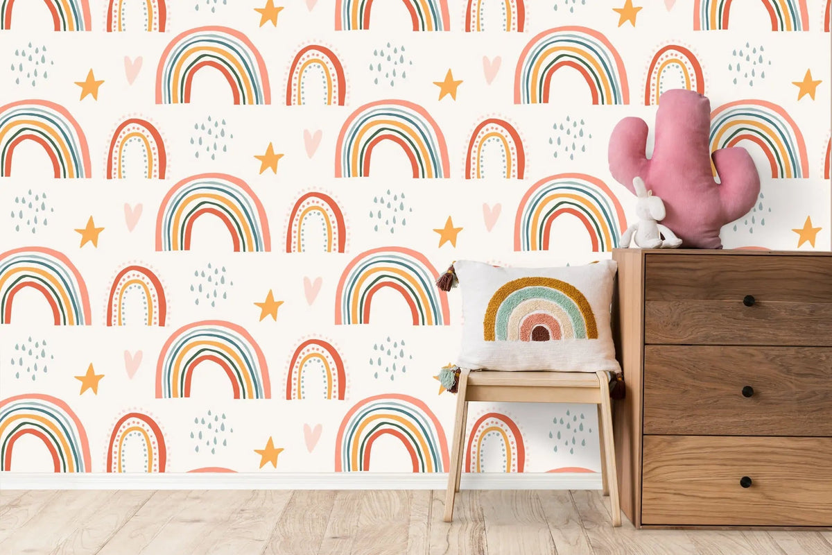 Tapet personalizat inspiratie scandinava pentru copii cu baloane cu curcubeie stelute si inimioare boho rainbow