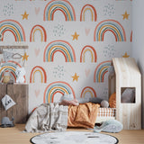 Tapet personalizat inspiratie scandinava pentru copii cu baloane cu curcubeie stelute si inimioare boho rainbow