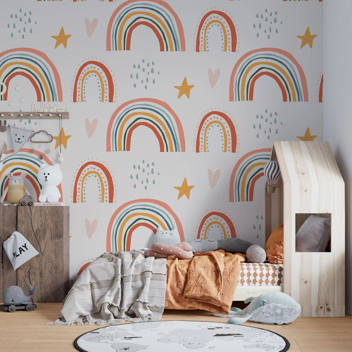 Tapet personalizat inspiratie scandinava pentru copii cu baloane cu curcubeie stelute si inimioare boho rainbow