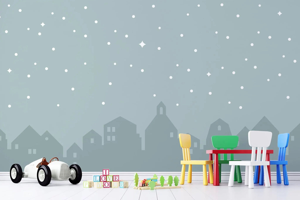 Tapet personalizat inspiratie scandinava pentru copii cu cer instelat peste oras city under the stars