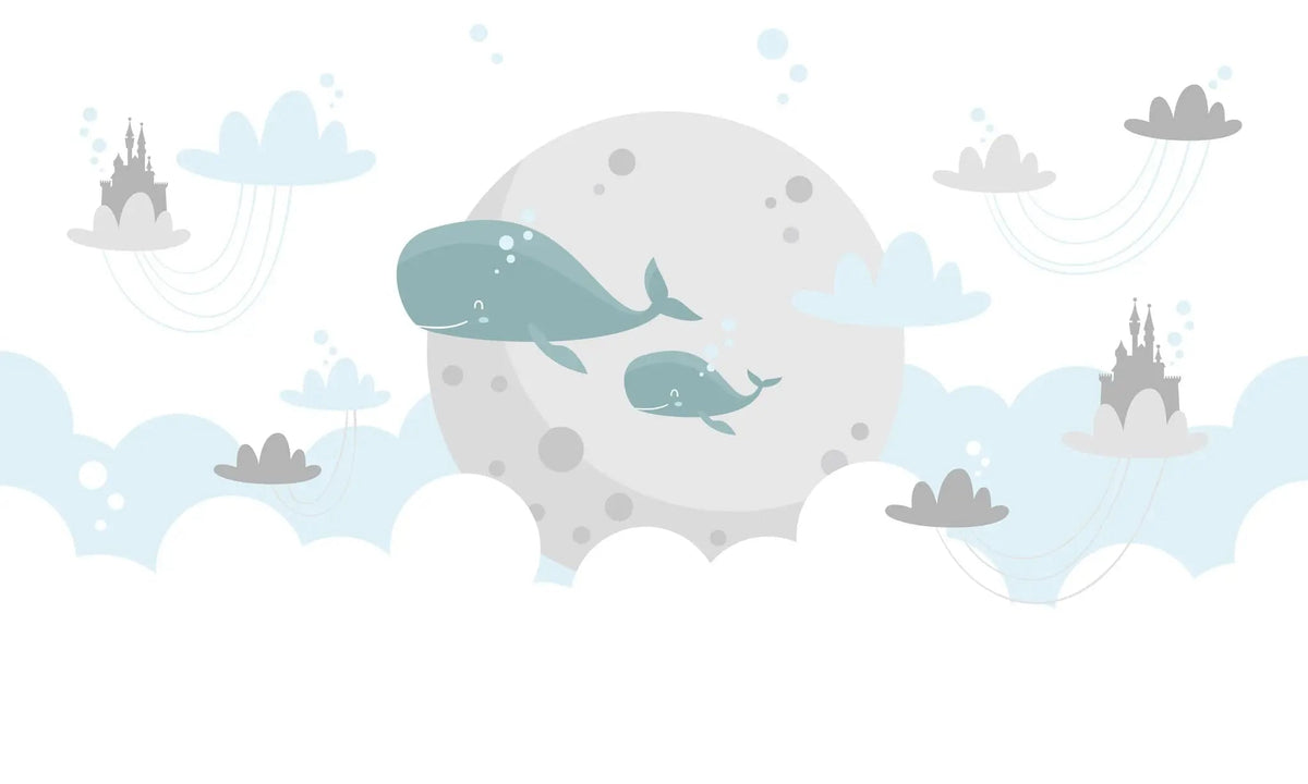 Tapet personalizat inspiratie scandinava pentru copii cu balene nori si castele dreamland