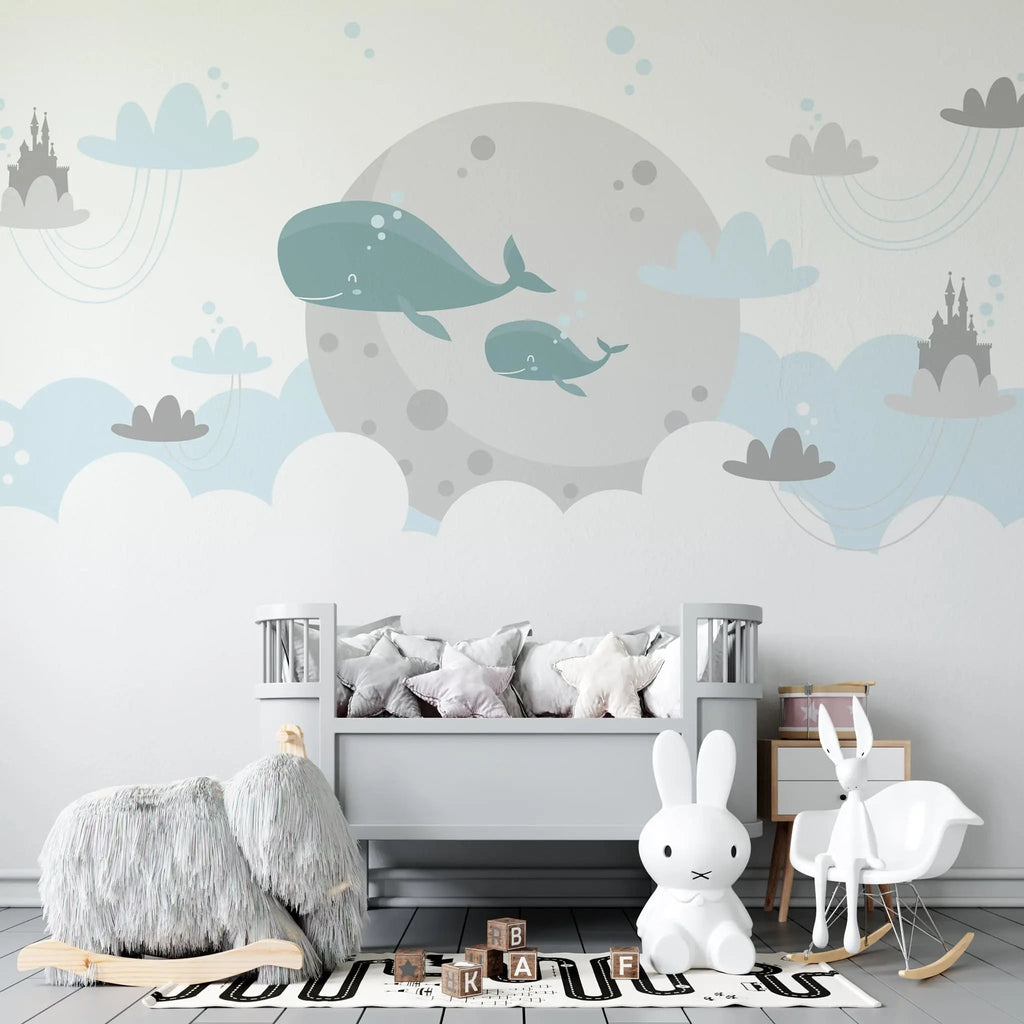 Tapet personalizat inspiratie scandinava pentru copii cu balene nori si castele dreamland