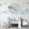 Tapet personalizat inspiratie scandinava pentru copii cu balene nori si castele dreamland