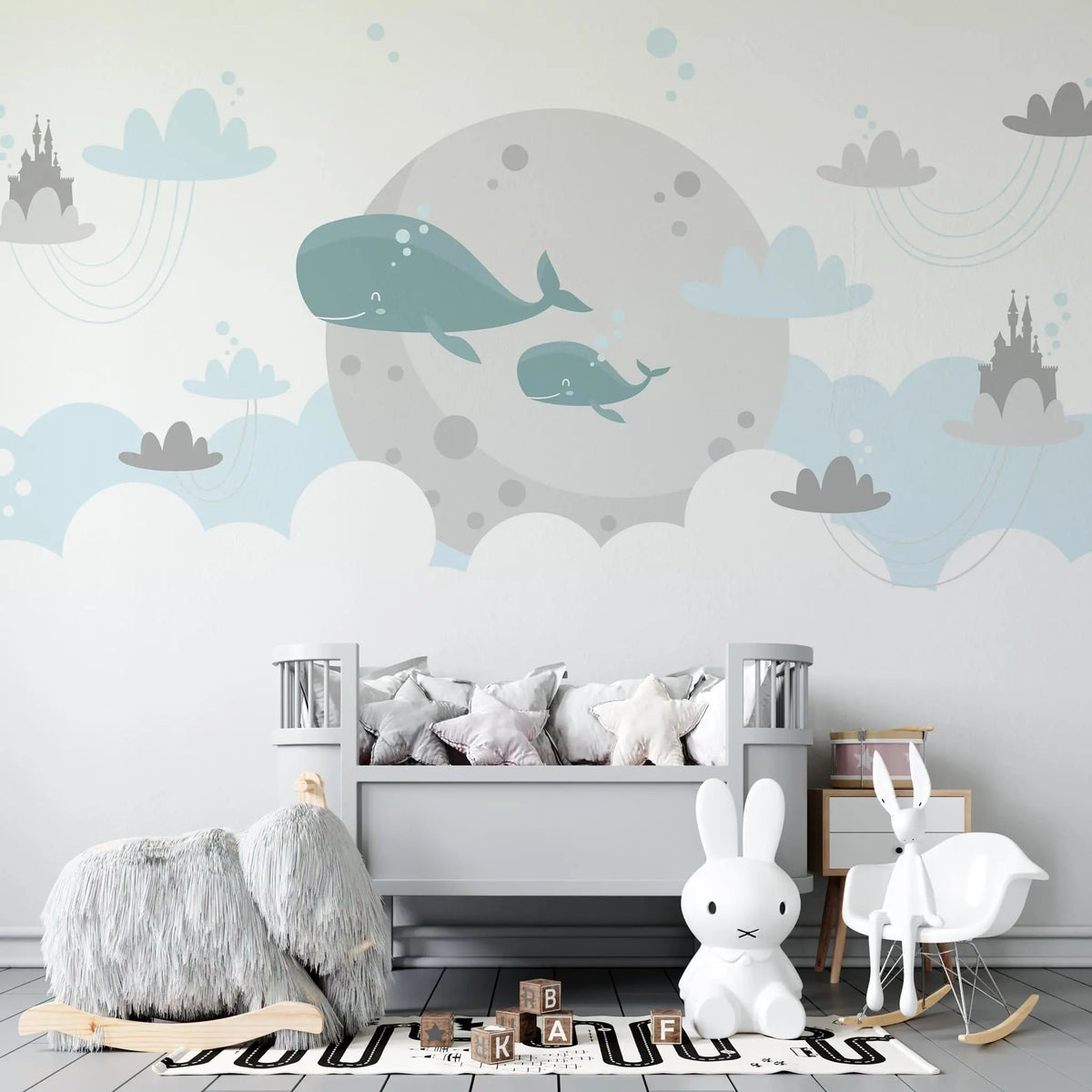 Tapet personalizat inspiratie scandinava pentru copii cu balene nori si castele dreamland