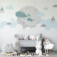 Tapet personalizat inspiratie scandinava pentru copii cu balene nori si castele dreamland
