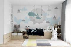 Tapet personalizat inspiratie scandinava pentru copii cu balene nori si castele dreamland