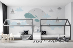 Tapet personalizat inspiratie scandinava pentru copii cu balene nori si castele dreamland