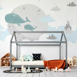 Tapet personalizat inspiratie scandinava pentru copii cu balene nori si castele dreamland