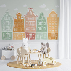 Tapet personalizat inspiratie scandinava pentru copii cladiri multicolore little city