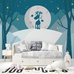 Tapet personalizat inspiratie scandinava pentru copii cu ren sub clar de luna magic reindeer