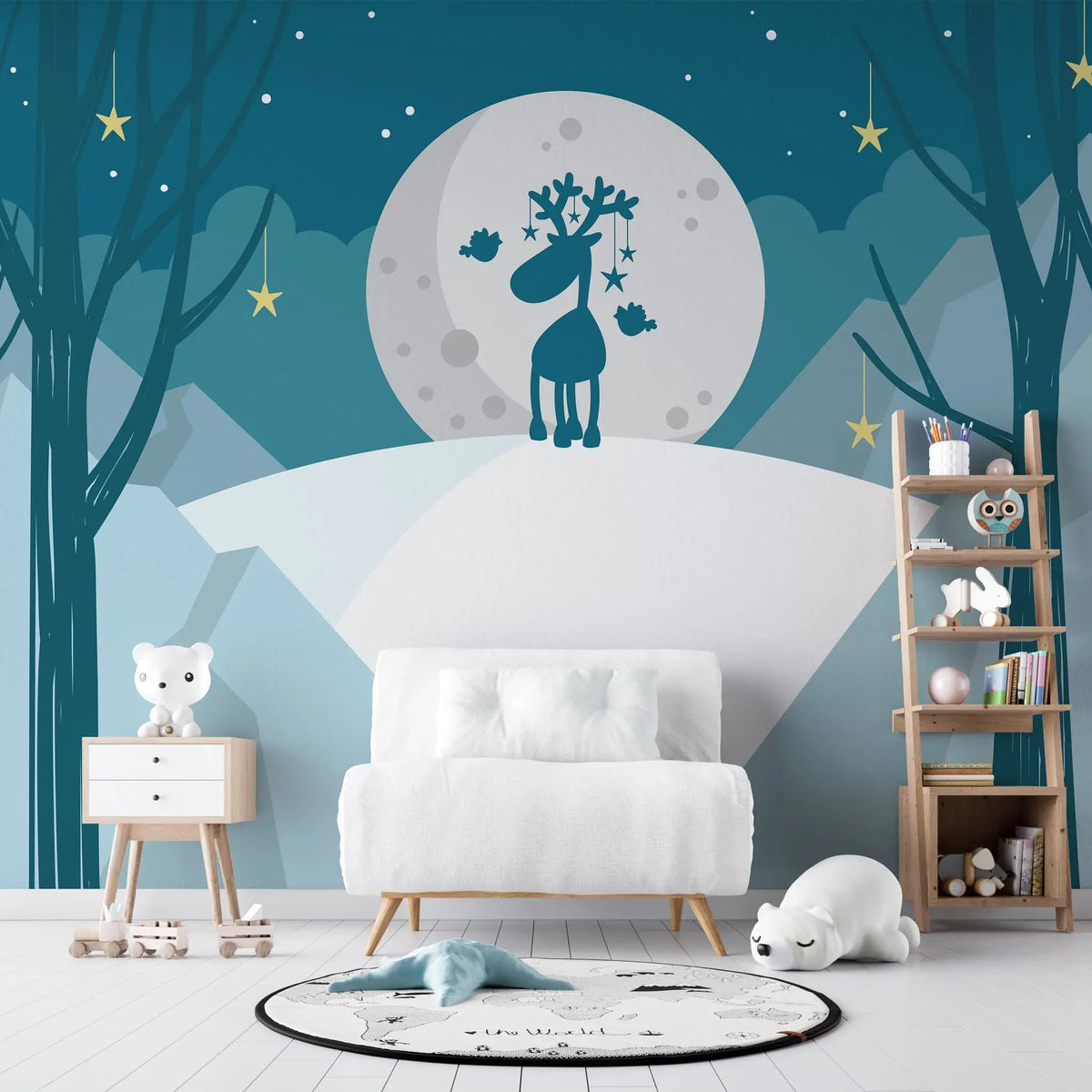 Tapet personalizat inspiratie scandinava pentru copii cu ren sub clar de luna magic reindeer