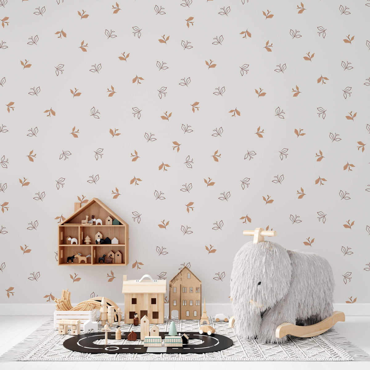 Tapet Personalizat Inspiratie Scandinava cu model abstract cu frunze maro si fundal crem - SOFT LEAF PATTERN