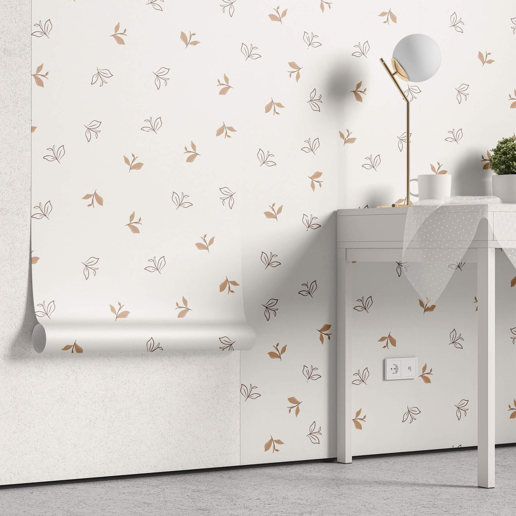 Tapet Personalizat Inspiratie Scandinava cu model abstract cu frunze maro si fundal crem - SOFT LEAF PATTERN