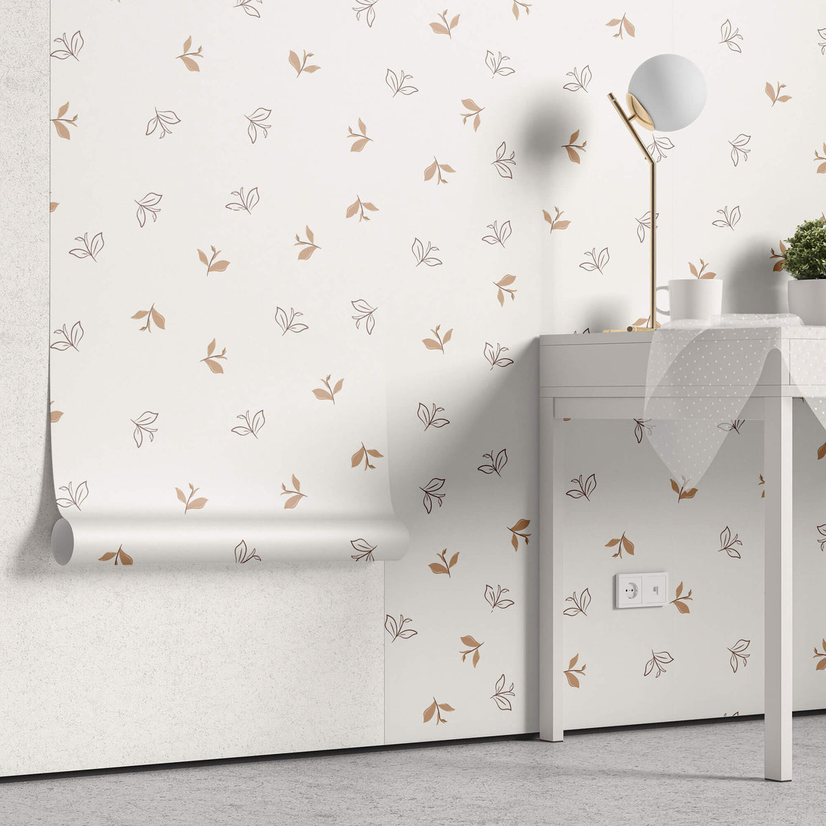 Tapet Personalizat Inspiratie Scandinava cu model abstract cu frunze maro si fundal crem - SOFT LEAF PATTERN