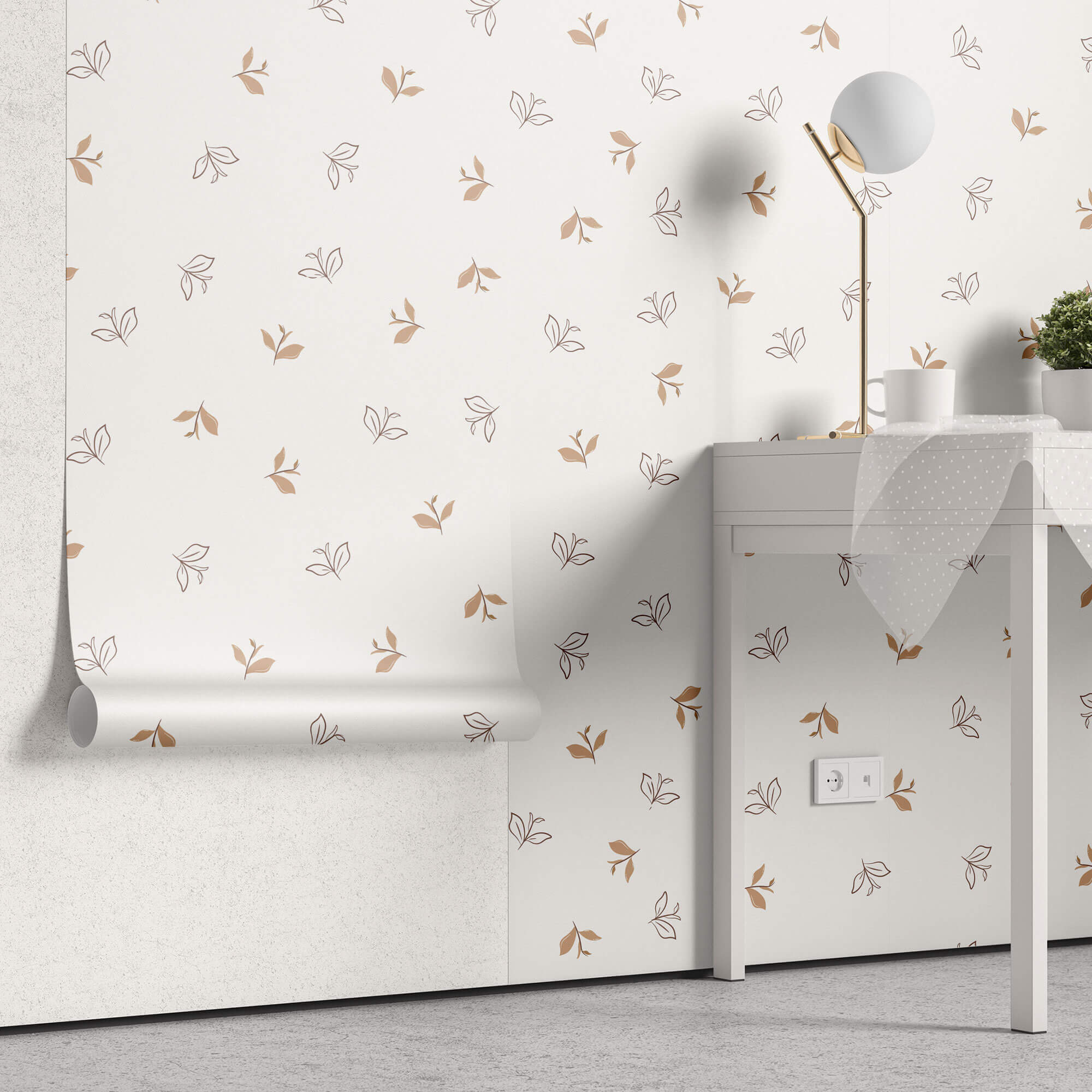 Tapet Personalizat Inspiratie Scandinava cu model abstract cu frunze maro si fundal crem - SOFT LEAF PATTERN
