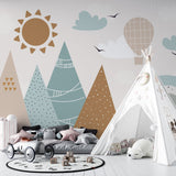 Tapet Personalizat Inspiratie Scandinava pentru Copii cu munti abstracti, soare si curcubeu in stil boho in nuante mustar si albastru deschis - BOHO RAINBOW MOUNTAINS