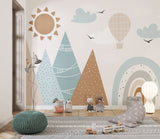 Tapet Personalizat Inspiratie Scandinava pentru Copii cu munti abstracti, soare si curcubeu in stil boho in nuante mustar si albastru deschis - BOHO RAINBOW MOUNTAINS