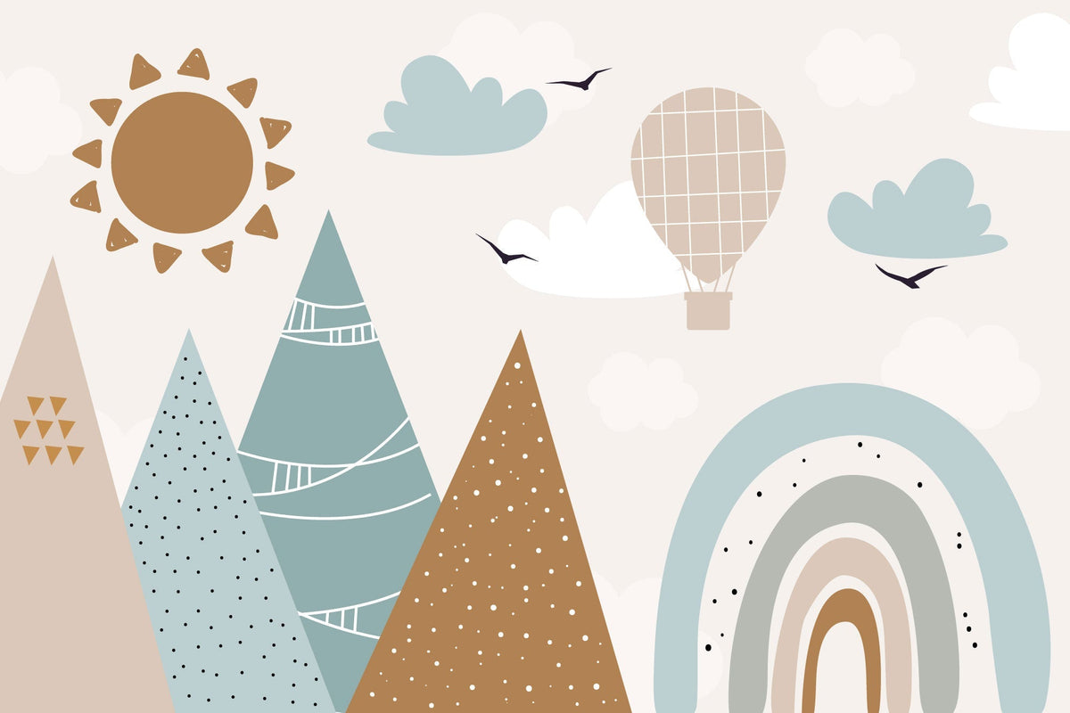 Tapet Personalizat Inspiratie Scandinava pentru Copii cu munti abstracti, soare si curcubeu in stil boho in nuante mustar si albastru deschis - BOHO RAINBOW MOUNTAINS