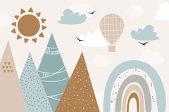 Tapet Personalizat Inspiratie Scandinava pentru Copii cu munti abstracti, soare si curcubeu in stil boho in nuante mustar si albastru deschis - BOHO RAINBOW MOUNTAINS