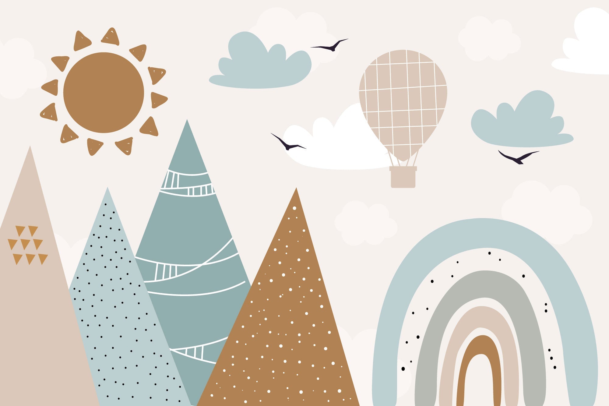 Tapet Personalizat Inspiratie Scandinava pentru Copii cu munti abstracti, soare si curcubeu in stil boho in nuante mustar si albastru deschis - BOHO RAINBOW MOUNTAINS