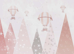 Tapet Personalizat Inspiratie Scandinava pentru Copii cu munti intelati si baloane cu aer cald in nuante de roz - MOUNTAIN STARS