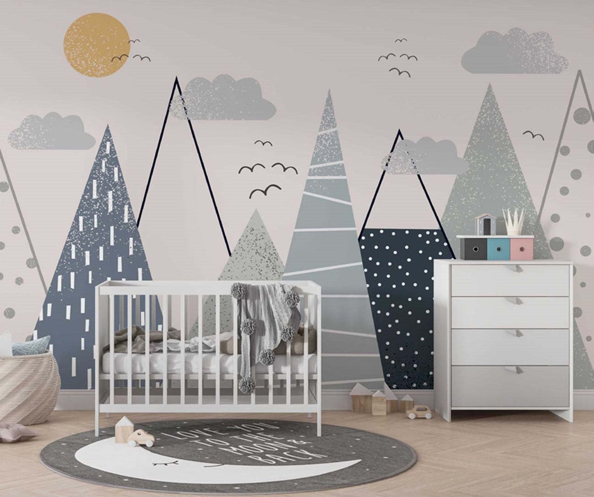 Tapet Personalizat Inspiratie Scandinava pentru Copii cu munti abstracti in nuante de albastru - ABSTRACT KID'S MOUNTAINS