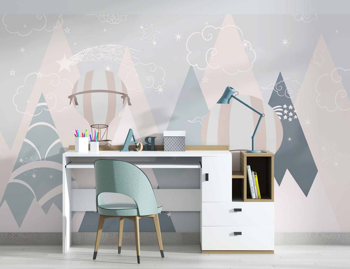 Tapet Personalizat Inspiratie Scandinava pentru Copii cu munti abstracti in nuante de albastru si baloane cu aer cald - BLUE MOUNTAIN STARS