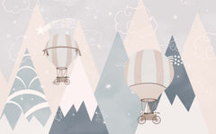 Tapet Personalizat Inspiratie Scandinava pentru Copii cu munti abstracti in nuante de albastru si baloane cu aer cald - BLUE MOUNTAIN STARS