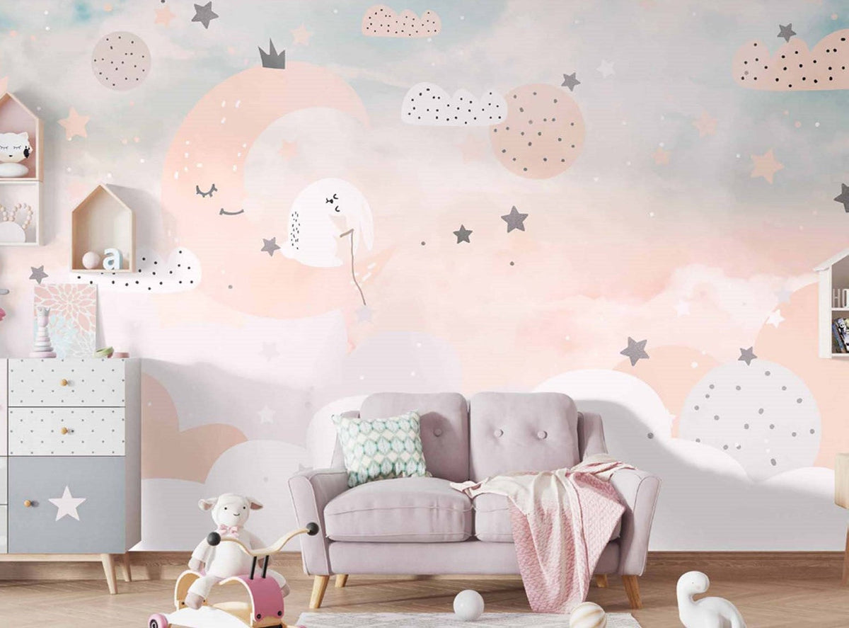 Tapet Personalizat Inspiratie Scandinava pentru Copii cu luna si stele pe cerul trandafiriu - LIGHT PEACH MOON