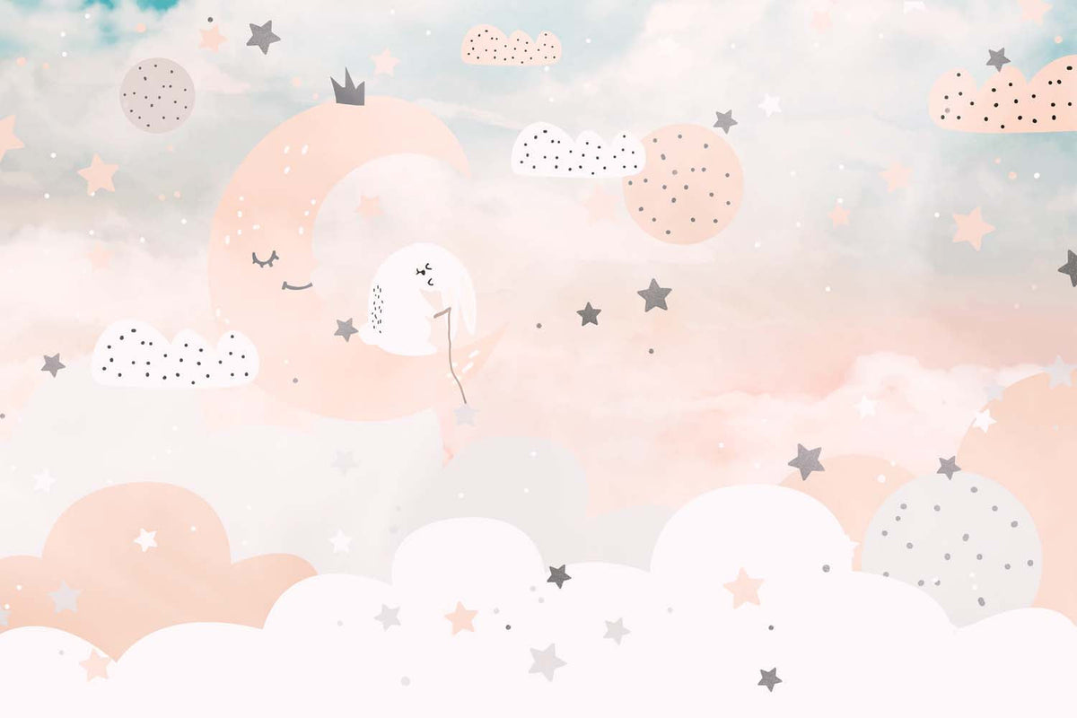 Tapet Personalizat Inspiratie Scandinava pentru Copii cu luna si stele pe cerul trandafiriu - LIGHT PEACH MOON
