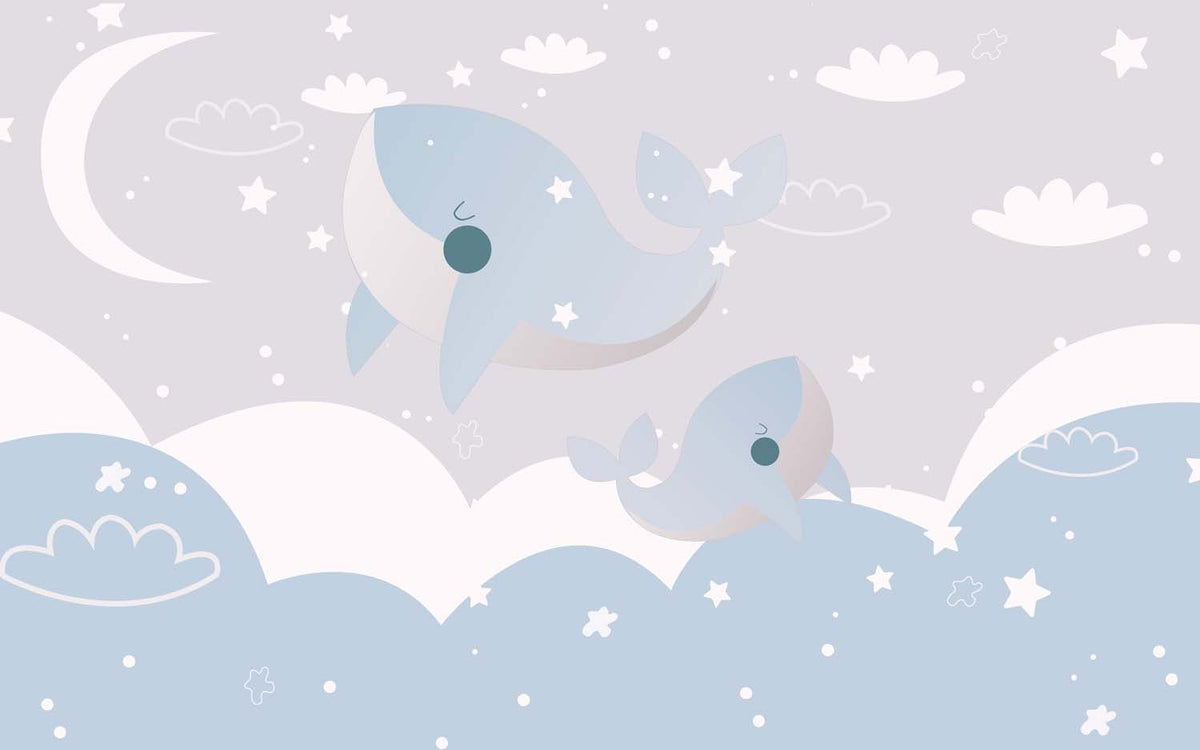 Tapet Personalizat Inspiratie Scandinava pentru Copii cu balene albastre si cer instelat - BLUE BABY WHALES