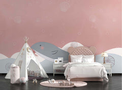 Tapet Personalizat Inspiratie Scandinava pentru Copii cu delfin inotand in marea roz - PINK SEA DOLPHIN