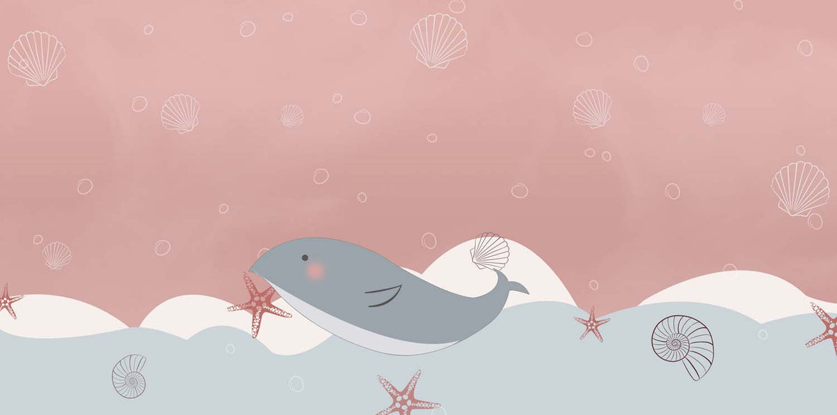 Tapet Personalizat Inspiratie Scandinava pentru Copii cu delfin inotand in marea roz - PINK SEA DOLPHIN