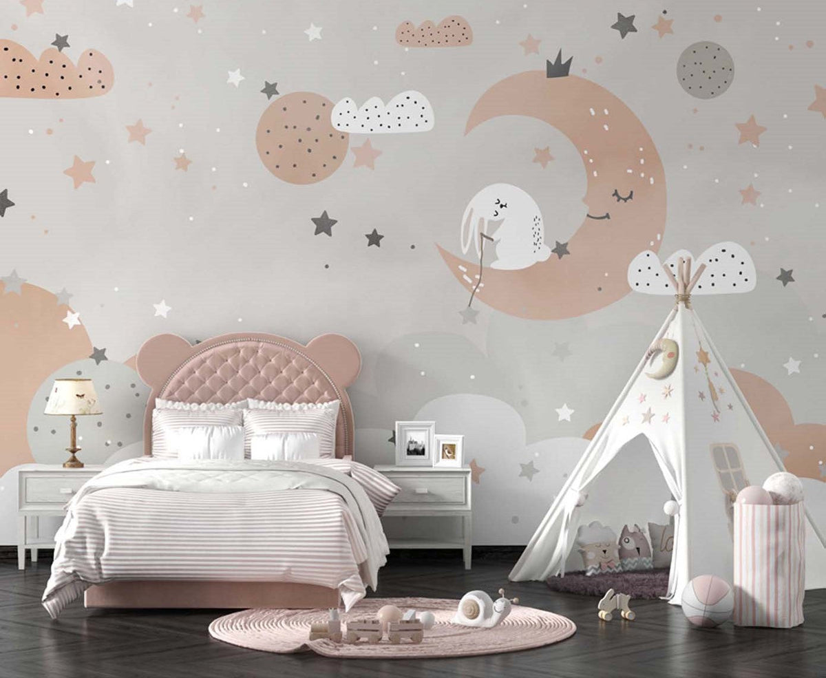 Tapet Personalizat Inspiratie Scandinava pentru Copii cu iepuras pe luna in nuante de gri si portocaliu - BUNNY ON THE MOON