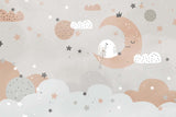 Tapet Personalizat Inspiratie Scandinava pentru Copii cu iepuras pe luna in nuante de gri si portocaliu - BUNNY ON THE MOON